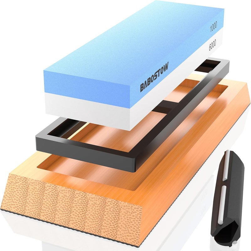 BABOSTOW Premium Whetstone Knife Sharpening Stone 2 Side Grit 1000/6000 Waterstone- Whetstone Knife Sharpener- NonSlip Bamboo Base & Angle Guide - Image 1